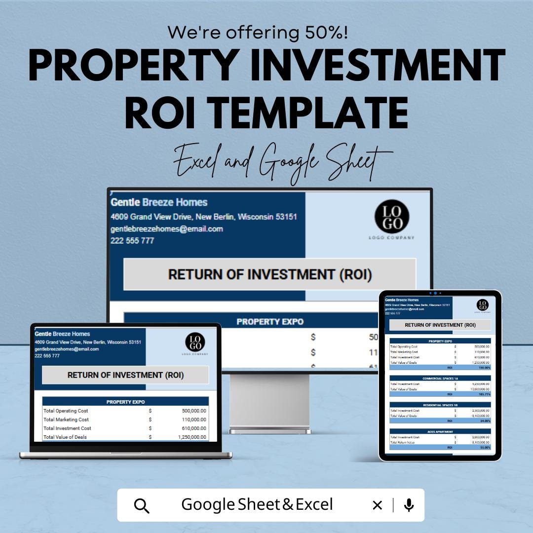 Property Investment ROI Template, Real Estate ROI Calculator, Excel & Google Sheets Investment Tracker, Rental Property Analysis Spreadsheet