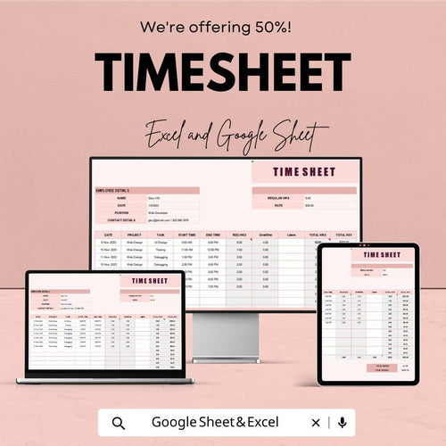 Timesheet Template – Excel & Google Sheets, 50% OFF – Track Employee Hours, Work Schedule, Editable Payroll, Time Management Tool