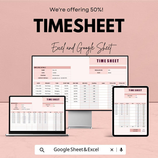 Timesheet Template – Excel & Google Sheets, 50% OFF – Track Employee Hours, Work Schedule, Editable Payroll, Time Management Tool