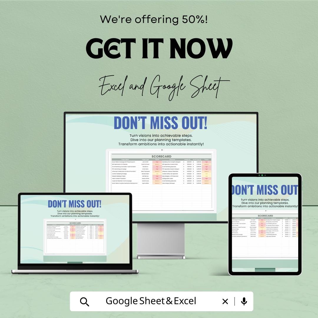 Scorecard Sheet | Excel & Google Sheet Template | Project Management, Budget Tracking, Performance Evaluation