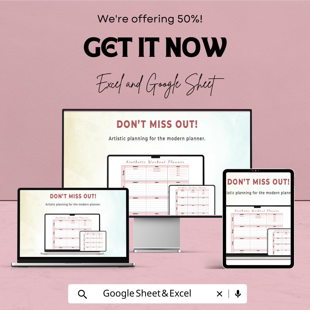Aesthetic Planner Template | Google Sheets & Excel | Workout and Meal Planner | Weekly Routine Planner | Minimalist Fitness Journal