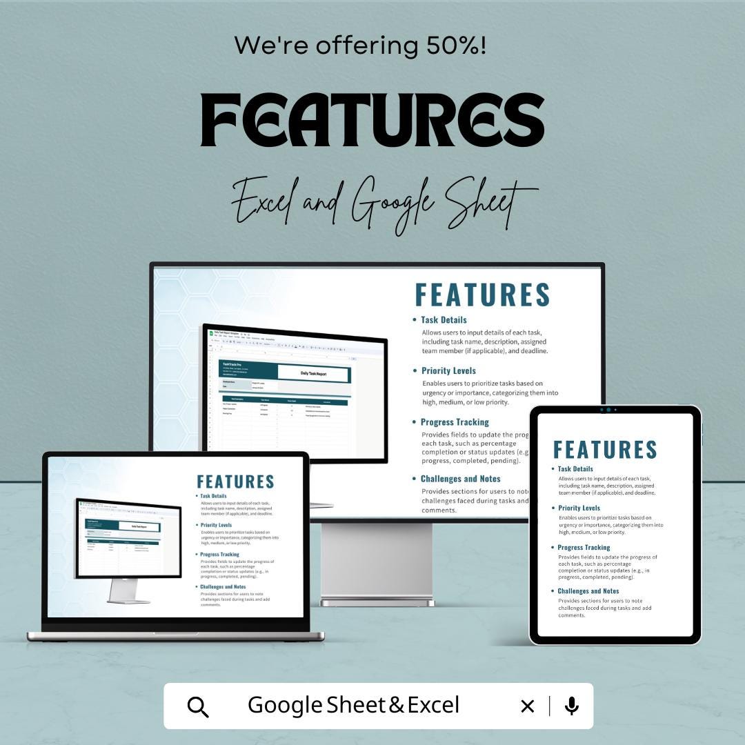 Daily Task Report Sheet for Excel and Google Sheets – 50% Off – Productivity Tracker & Task Management Template