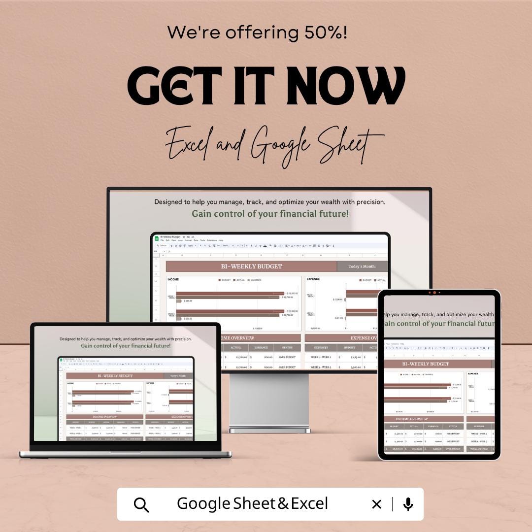 Biweekly Budget Template | Bi Weekly Budget Spreadsheet | Paycheck Budget Planner | Excel & Google Sheets | Income Expense Tracker Sheet
