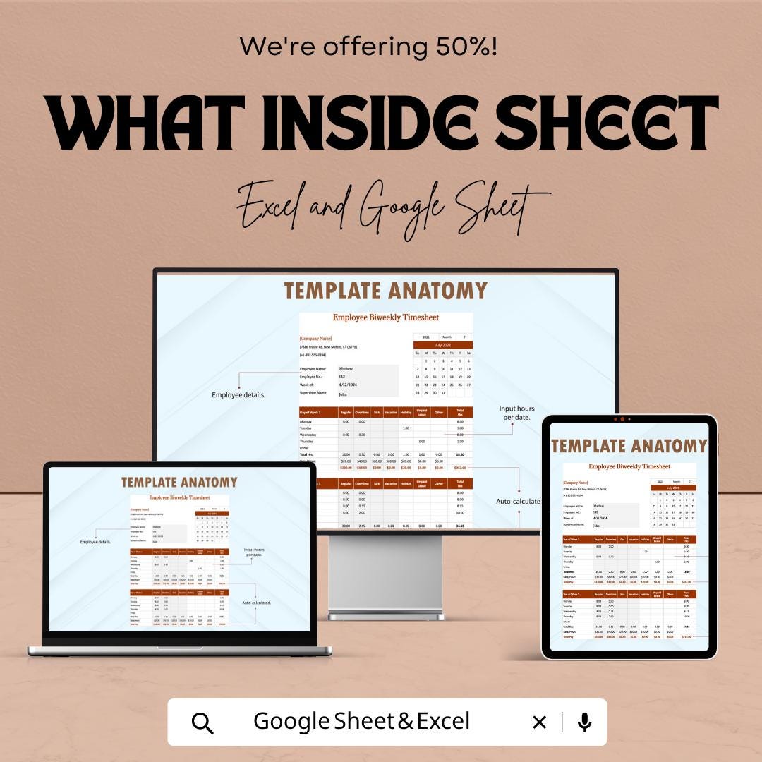 Employee Bi Weekly Timesheet Template, Payroll Tracker, Work Hours Log, Biweekly Time Tracker