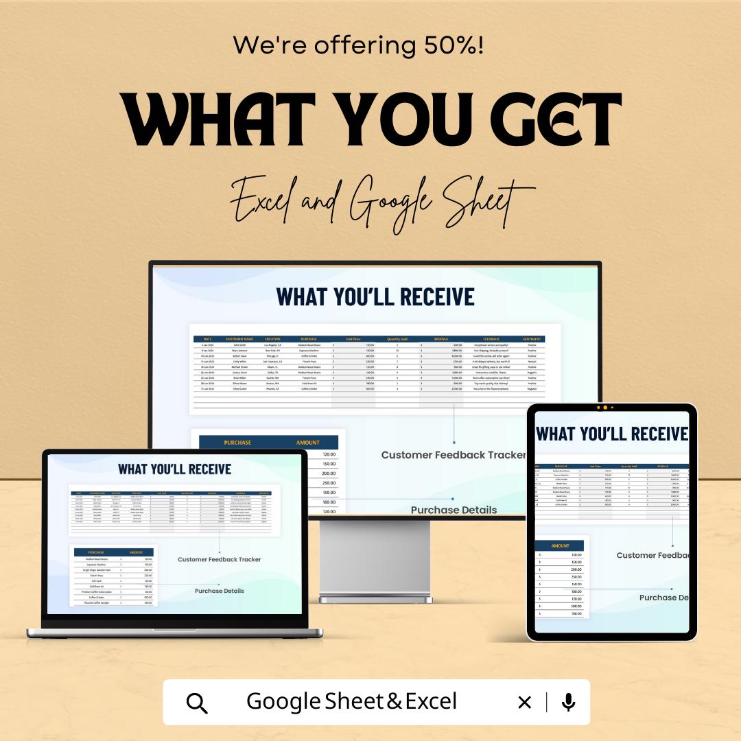 Sales Customer Feedback Sentiment Analysis Template, Customer Review Tracker, Business Analytics Spreadsheet