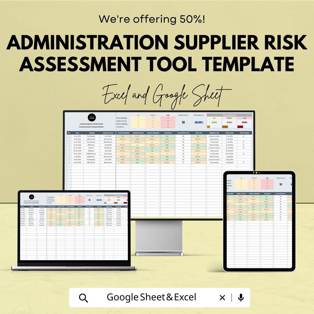 Administration Supplier Risk Assessment Tool Template | Supplier Risk Matrix | Vendor Risk Analysis | Compliance Risk Tracker