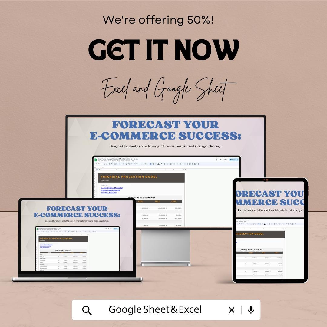 E-commerce Financial Projection Model Template | Business Forecast | Online Store Revenue Planner | Cash Flow & Profit Projection sheet