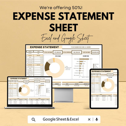 Expense Statement Sheet for Business and Personal Use – Google Sheet and Excel Template for Income & Expense Management – 50% OFF