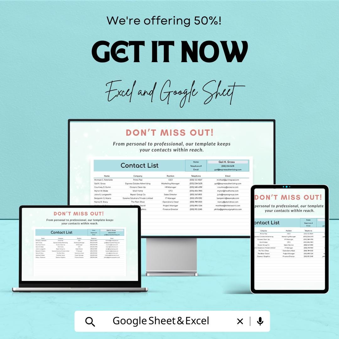 Contact List Template | Google Sheet & Excel Contact Management Sheet | Professional Contact List | Editable Contact Organizer