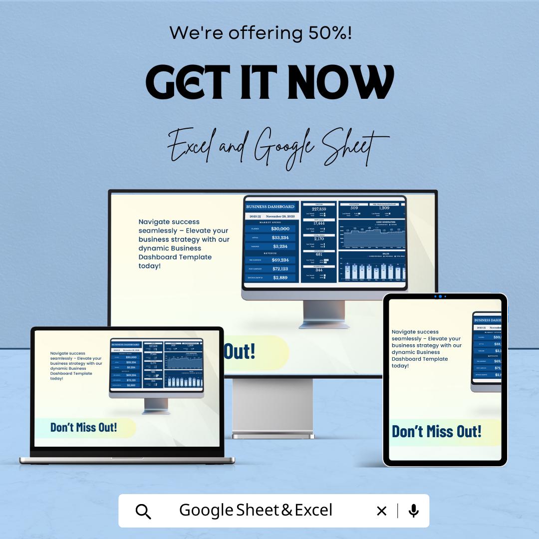 Business Dashboard Template | KPI Tracker Spreadsheet | Excel and Google Sheets Dashboard | Business Metrics Report Template