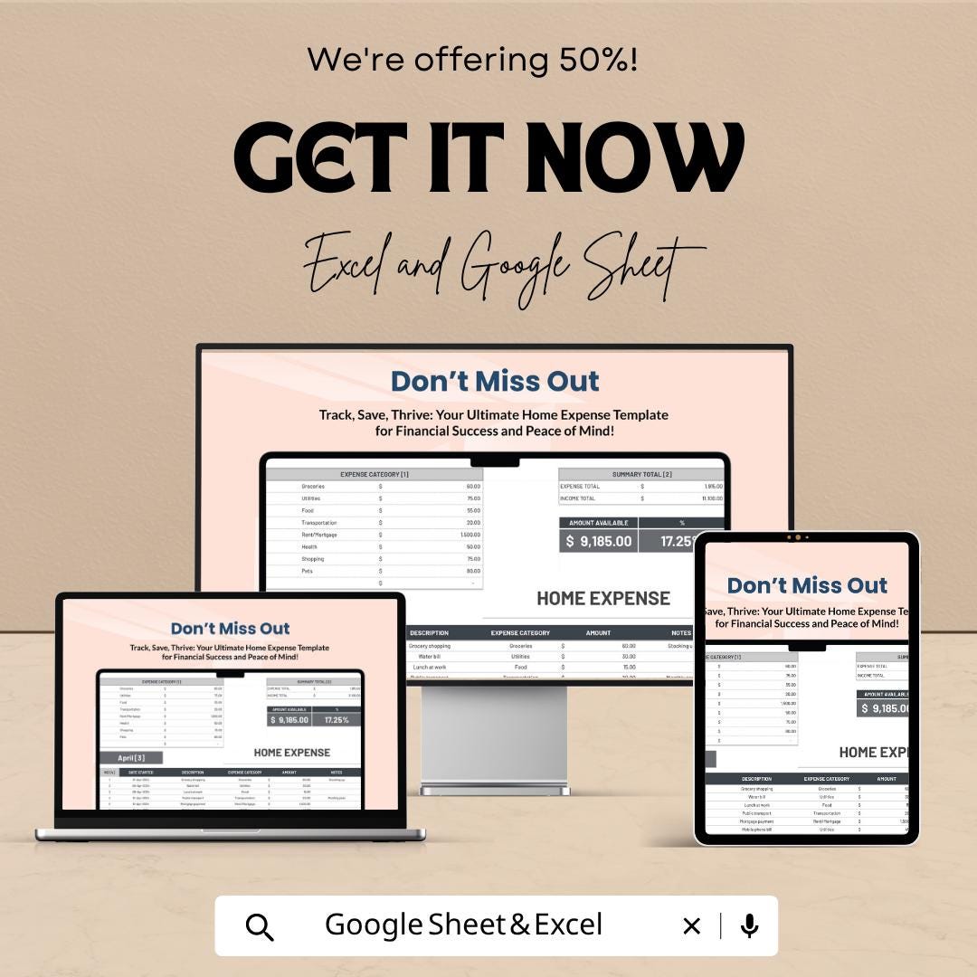 Home Expense Template | Monthly Budget Planner Excel & Google Sheets | Household Expense Tracker | Personal Finance Spreadsheet |