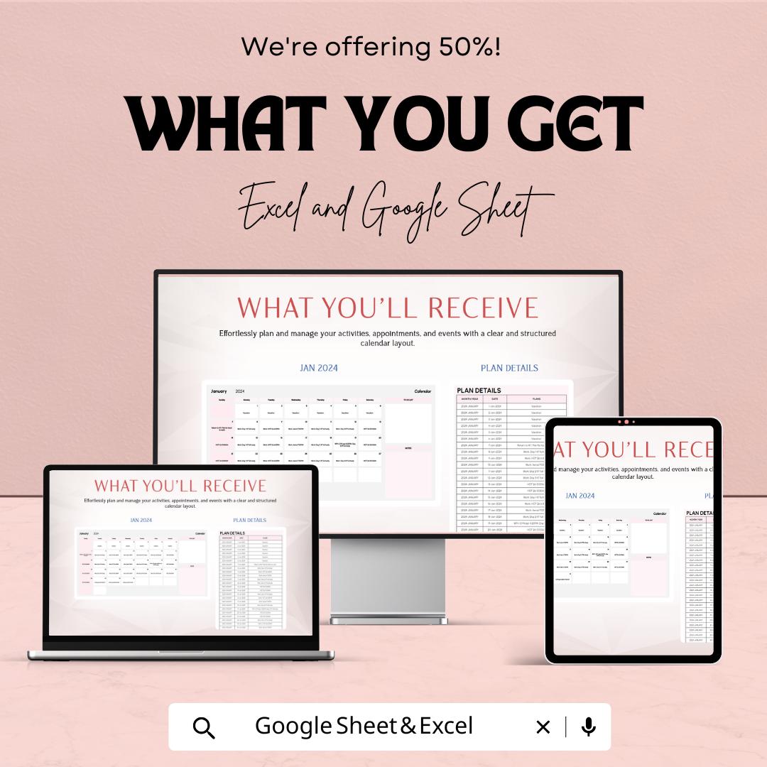 Days of the Month Calendar Template | 2024 Excel and Google Sheets | Monthly Planner & Organizer | Customizable Calendar Template