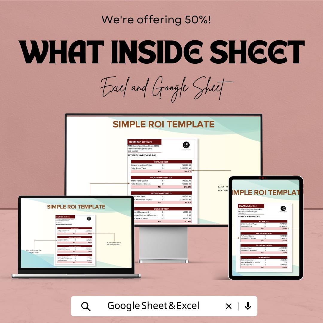 Simple ROI Template | Return on Investment Calculator | Business Finance Tracker | Profit Analysis Spreadsheet | Financial Planner