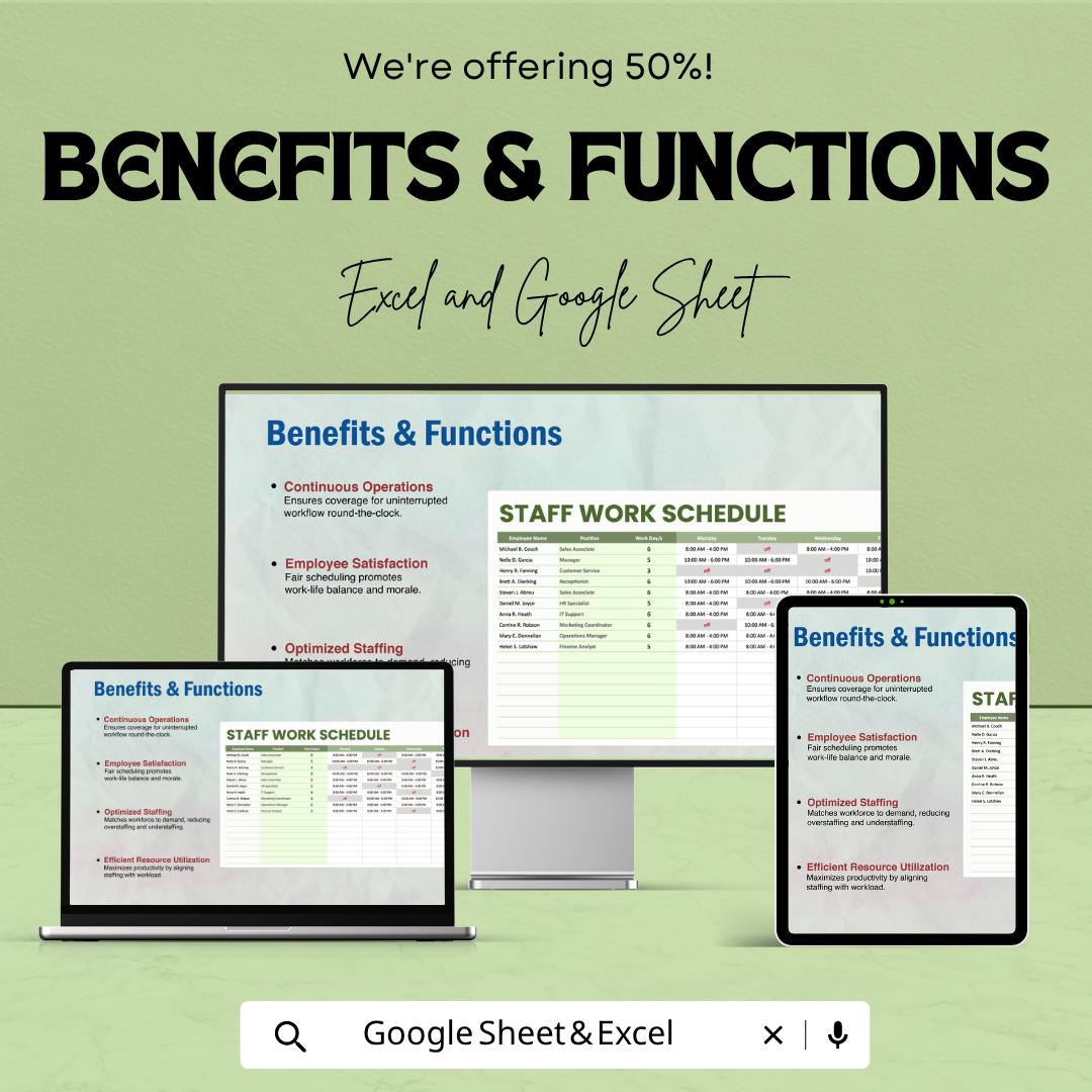 Staff Work Schedule Template | Employee Shift Planner | Staff Roster Spreadsheet | Work Schedule Planner | Weekly Staff Schedule