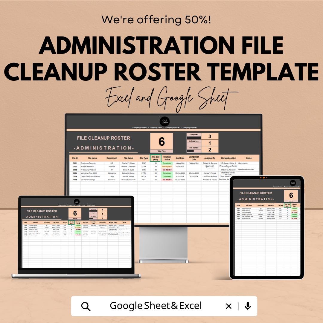 Administration File Cleanup Roster Template | File Management Tracker | Office Organization Spreadsheet | Document Cleanup Log