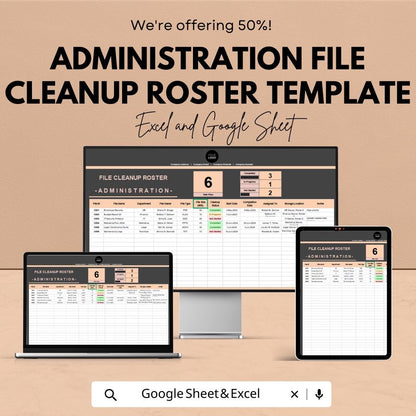 Administration File Cleanup Roster Template | File Management Tracker | Office Organization Spreadsheet | Document Cleanup Log