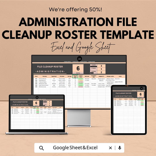 Administration File Cleanup Roster Template | File Management Tracker | Office Organization Spreadsheet | Document Cleanup Log