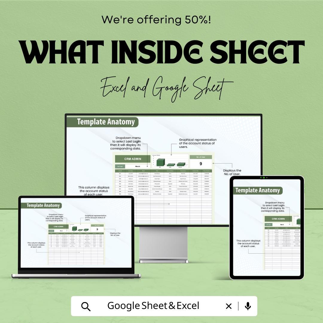 CRM Admin Template | Excel & Google Sheets User Management Dashboard | Admin Panel Spreadsheet | CRM Tracker System