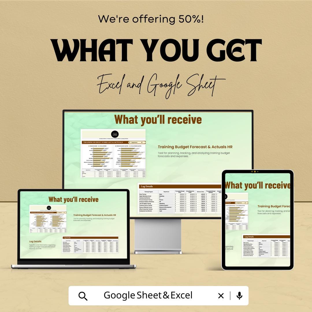 Training Budget Forecast & Actuals HR Template | Excel and Google Sheets | HR Finance Tracker | Expense Planner | Employee Training Budget