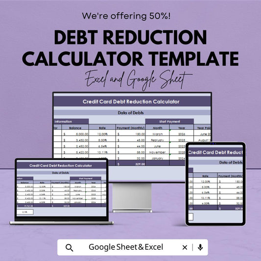 Debt Reduction Calculator Template | Credit Card Debt Tracker | Loan Payoff Spreadsheet | Debt Snowball Tool | Finance Template