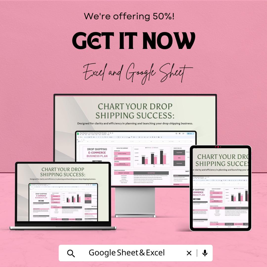 Drop Shipping E-commerce Business Plan Sheet | Google Sheets Template for Online Store Success | Business Strategy & Financial Projections