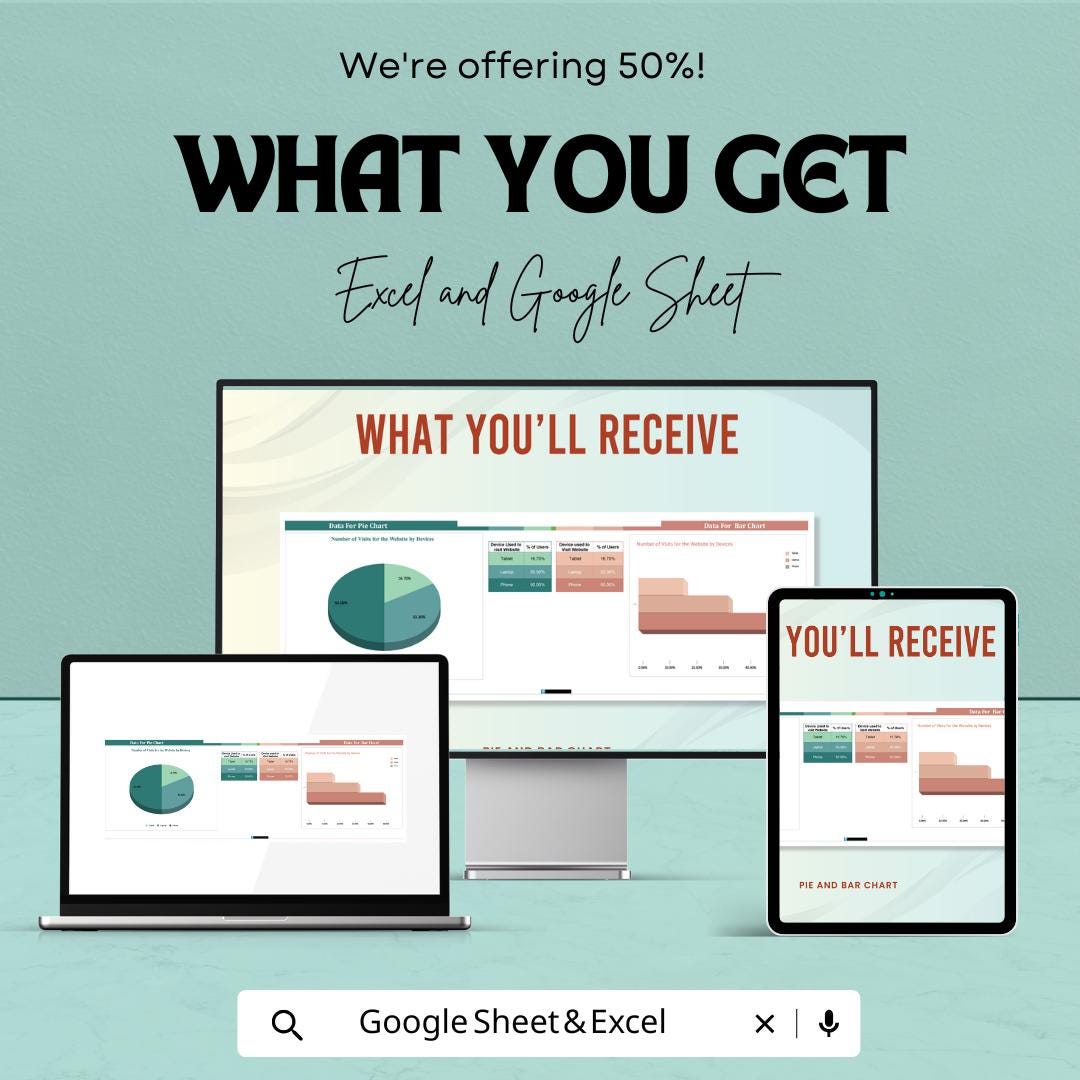 Pie and Bar Chart Sheet – Excel & Google Sheets Template | Customizable Data Visualization | 50% Off