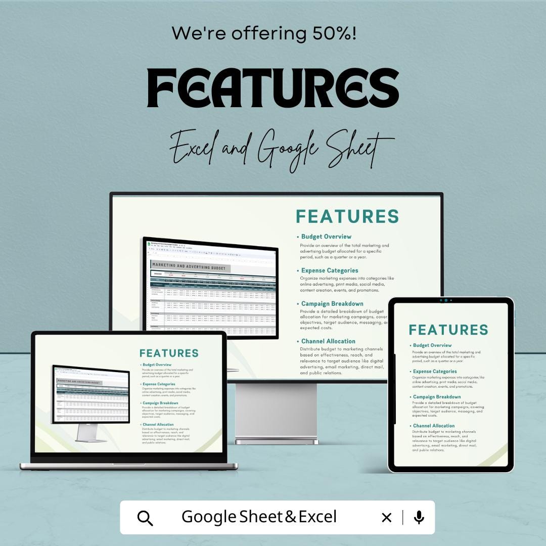 Marketing and Advertising Budget Sheet | Excel and Google Sheets Template | ROI Tracking & Campaign Management