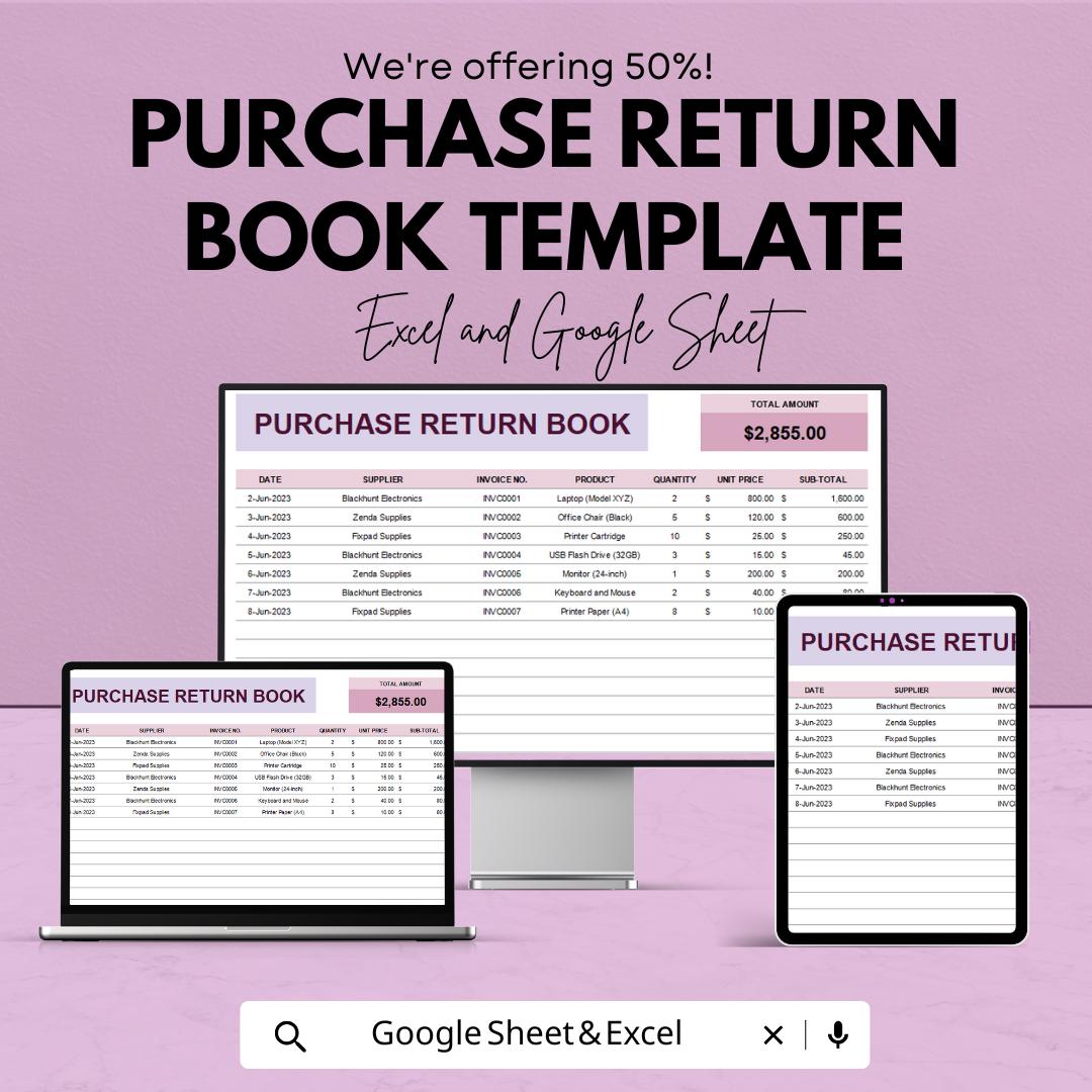 Purchase Return Book Template | Purchase Return Register | Business Accounting Log | Inventory Return Tracker