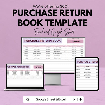 Purchase Return Book Template | Purchase Return Register | Business Accounting Log | Inventory Return Tracker