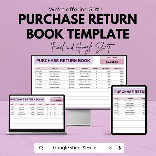 Purchase Return Book Template | Purchase Return Register | Business Accounting Log | Inventory Return Tracker