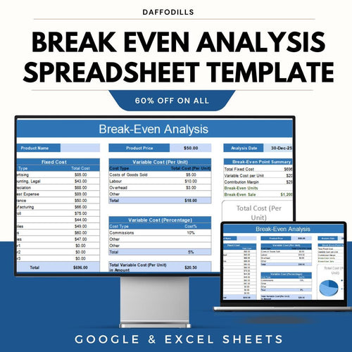 Break Even Analysis Spreadsheet Template, Break Even Calculator, Cost Profit Analysis Sheet, Google Sheets Excel