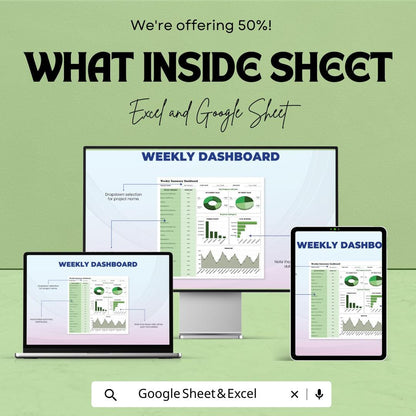 Weekly Dashboard Sheet | KPI Summary Tracker | Google Sheets & Excel Template | Business Progress Report | Project Status Dashboard