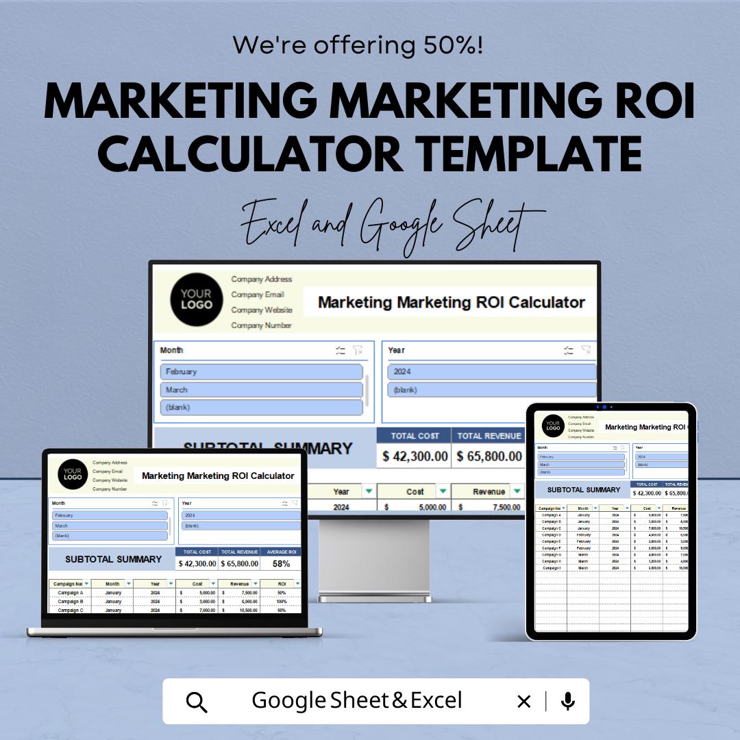 Marketing ROI Calculator Template | Marketing Budget Planner | ROI Tracker | Campaign Performance Analyzer | Business Finance Spreadsheet