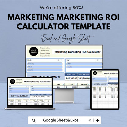 Marketing ROI Calculator Template | Marketing Budget Planner | ROI Tracker | Campaign Performance Analyzer | Business Finance Spreadsheet
