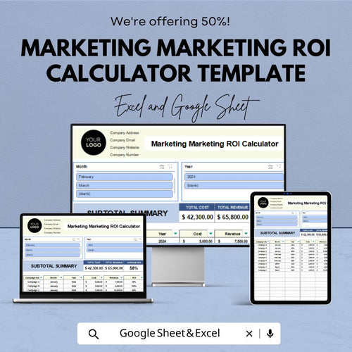 Marketing ROI Calculator Template | Marketing Budget Planner | ROI Tracker | Campaign Performance Analyzer | Business Finance Spreadsheet