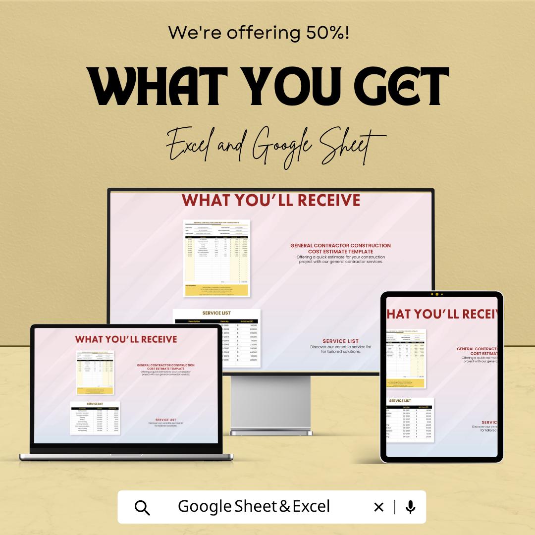 General Contractor Construction Cost Estimate Template | Construction Bid Spreadsheet | Contractor Cost Estimator | Excel & Google Sheets |