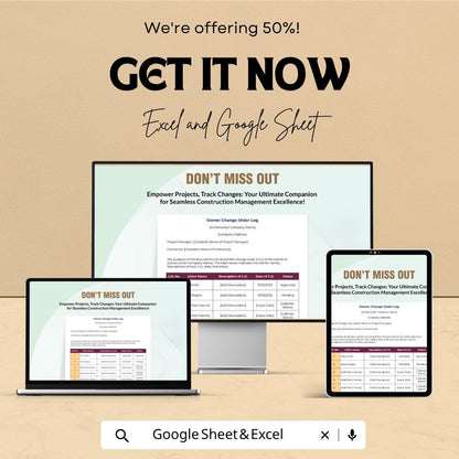 Construction Change Order Log Template | Owner CO Tracker Spreadsheet | Project Change Log | Contractor Change Order Tracker |