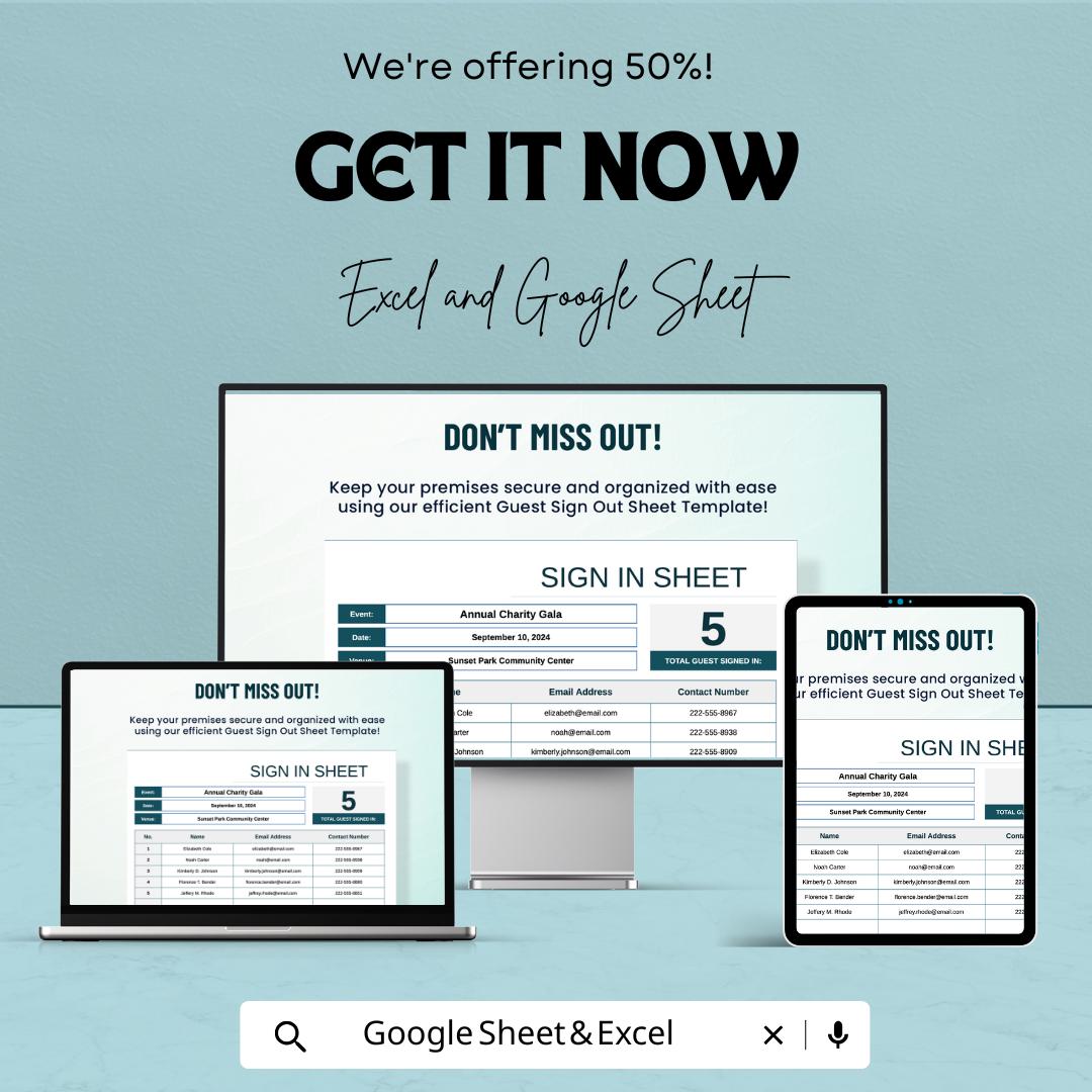 Guest Sign Out Sheet Template - Excel and Google Sheets for Event Check-Out | Track Guest Departures & Contact Information