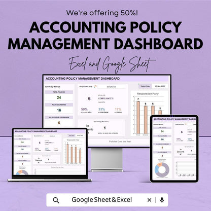 Accounting Policy Management Dashboard Template | Policy Tracker | Compliance Dashboard | Finance Spreadsheet | Editable Template