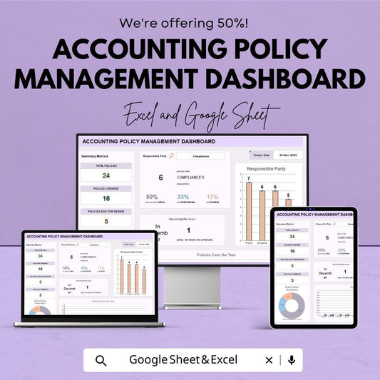 Accounting Policy Management Dashboard Template | Policy Tracker | Compliance Dashboard | Finance Spreadsheet | Editable Template