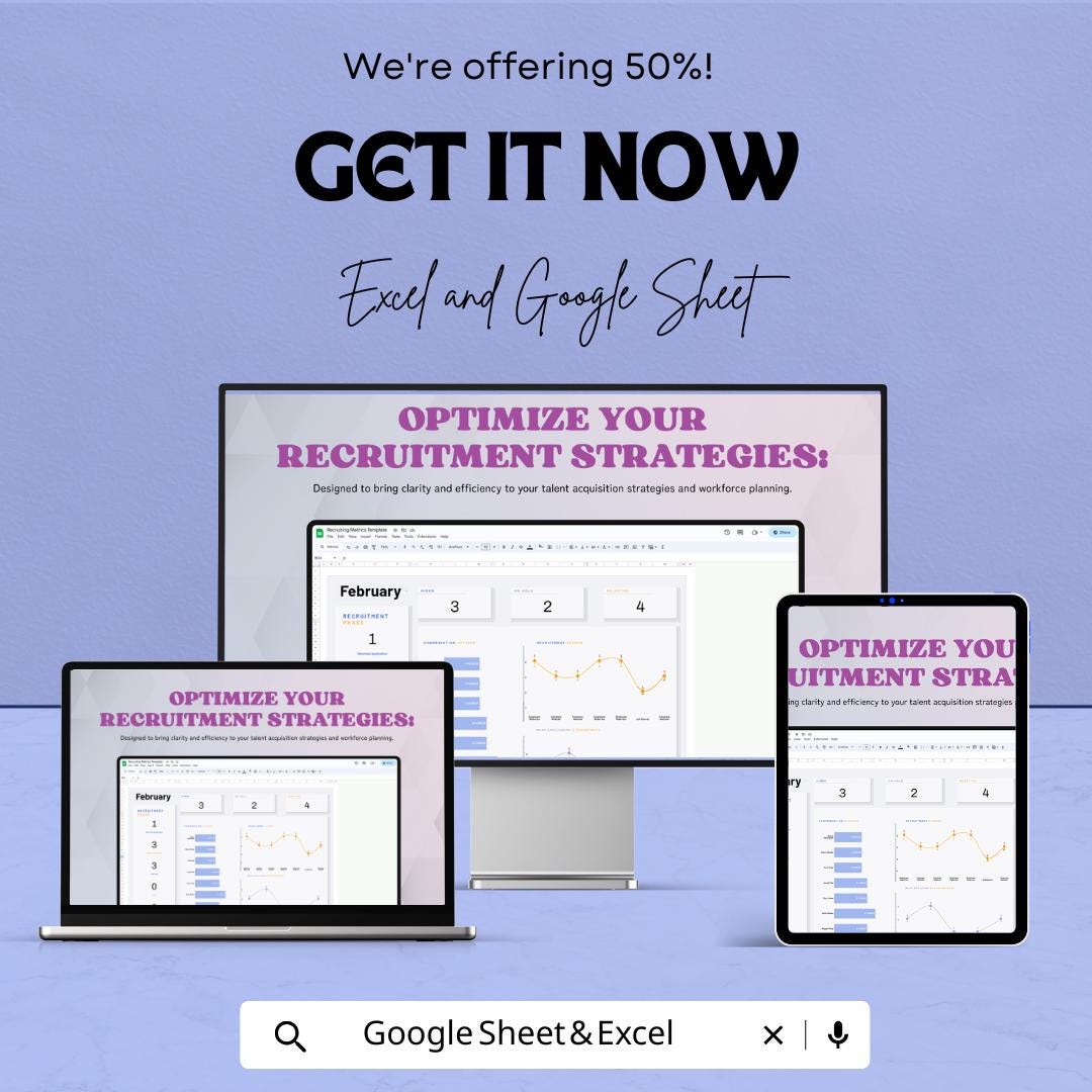 Recruiting Metrics Sheet - Excel & Google Sheet | Recruitment Dashboard for Hiring, Applicant Tracking, and Workforce Management