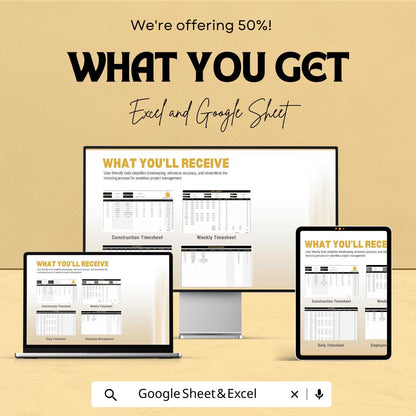 Construction Timesheet Template | Excel & Google Sheet | Track Hours, Crew, Costs | Project Management Spreadsheet