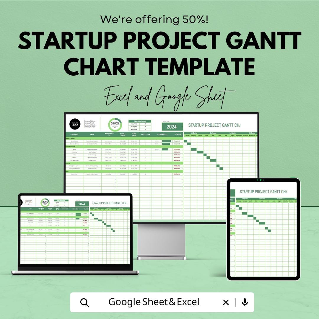 Startup Project Gantt Chart Template | Excel & Google Sheets Project Planner | Business Timeline Spreadsheet