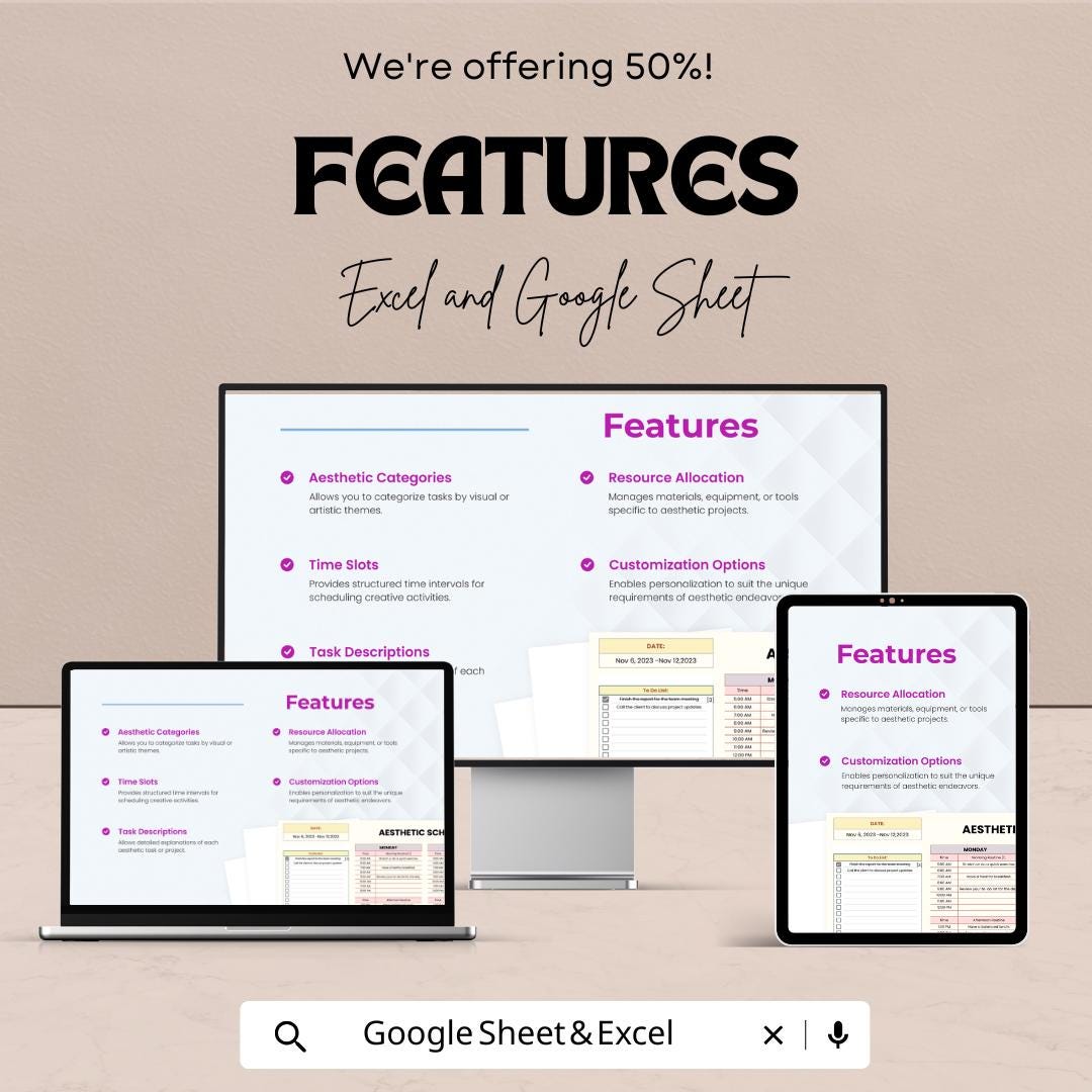 Aesthetic Schedule Sheet | Creative Task Planner | Excel & Google Sheet | Weekly Schedule Template | 50% Off