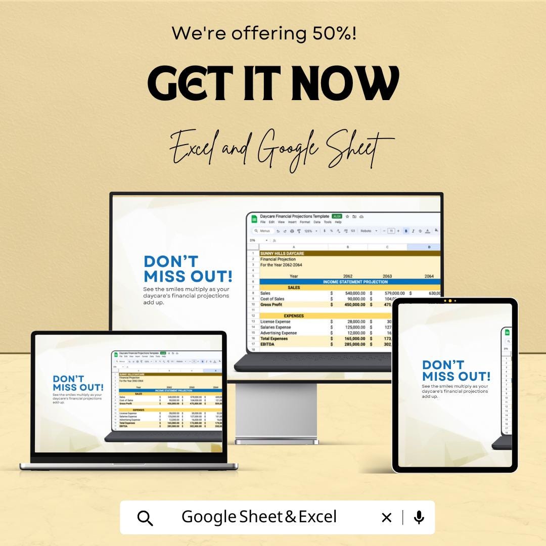 Daycare Financial Projections Template | Childcare Business Budget Spreadsheet | Excel & Google Sheets Financial Plan | Profit Forecast Tool