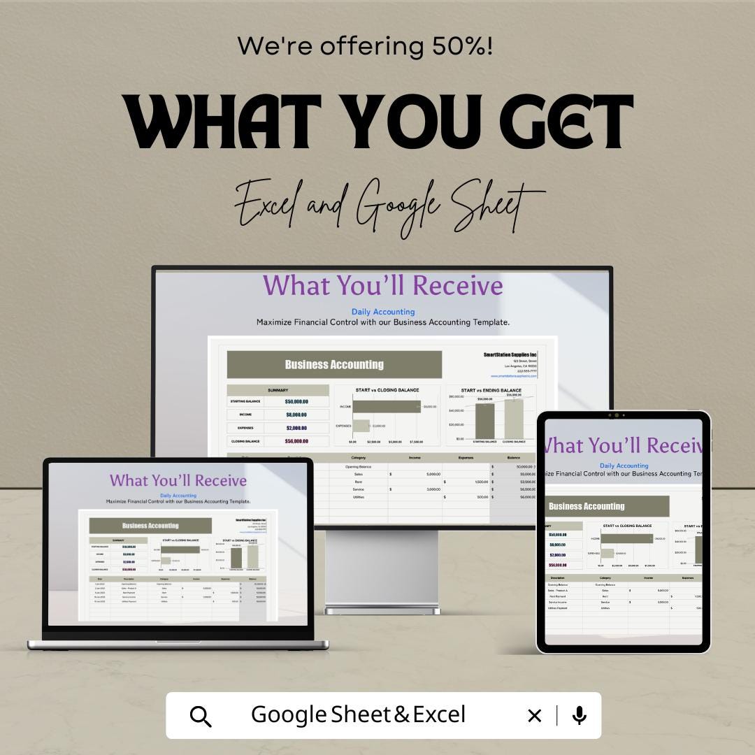 Business Accounting Spreadsheet - Excel & Google Sheet - Track Income, Expenses, and Profit - 50% Off