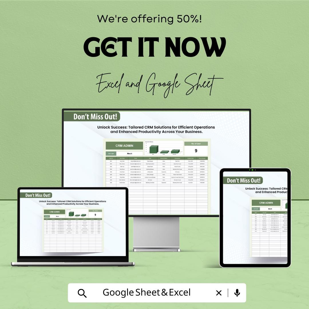 CRM Admin Template | Excel & Google Sheets User Management Dashboard | Admin Panel Spreadsheet | CRM Tracker System