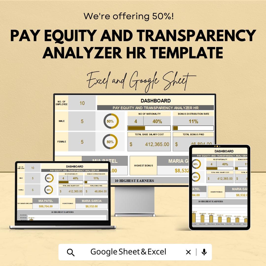Pay Equity and Transparency Analyzer HR Template | Salary Analysis Dashboard | Equal Pay Compliance Tool | Excel & Google Sheets