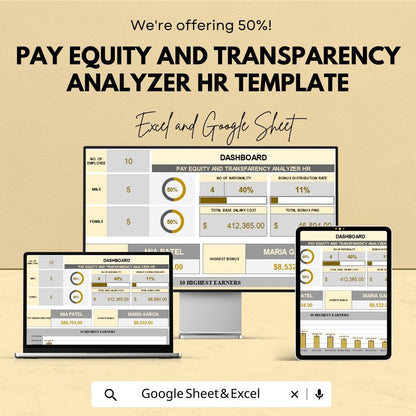 Pay Equity and Transparency Analyzer HR Template | Salary Analysis Dashboard | Equal Pay Compliance Tool | Excel & Google Sheets