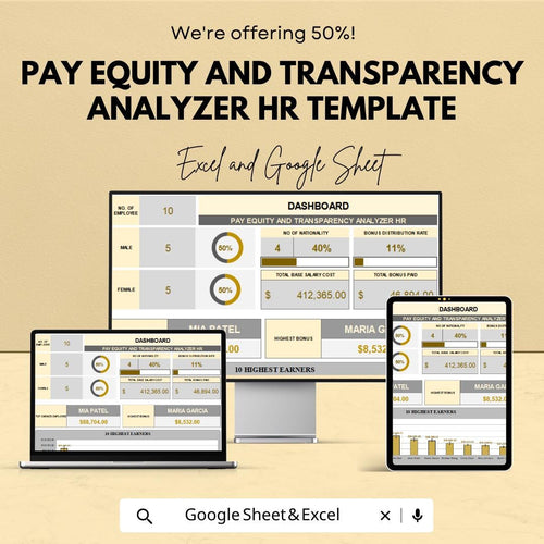 Pay Equity and Transparency Analyzer HR Template | Salary Analysis Dashboard | Equal Pay Compliance Tool | Excel & Google Sheets